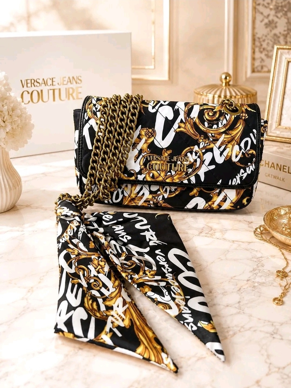 Versace Jeans Collection Black & Gold Baroque Chain Crossbody